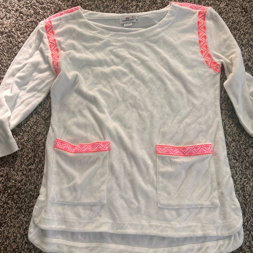 Vineyard Vines Womens Small White Terry Knit Easy Tunic Neon Embroidered Trim